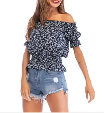 Fashion Women Ladies Summer Off Shoulder Floral print Blouse Tops Chiffon Puff Sleeve Shirt Loose Casual Blouse Tops Choker