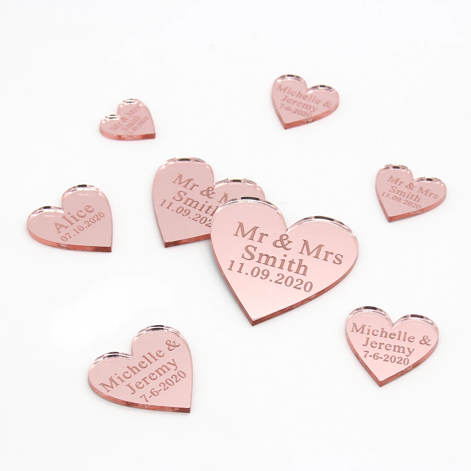 50Pcs Personalized Engraved Acrylic Mirror Love Heart With Hole Gift Tags Wedding Party Table Confetti Decor Centerpieces Favors