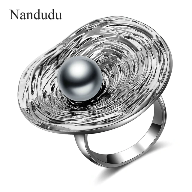 Nandudu Big Round Ring for Women Retro Silver Color with Black Pearl Decoration Nandudu Big Round Ring for Women Retro Silver Color with Black Pearl Decoration