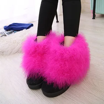 

Women Winter Boots Round Toe Short Suede Feather Furry Fur Flat Heel Boots Ultralarge Scrub Boots Size 5-8 Pop Pink