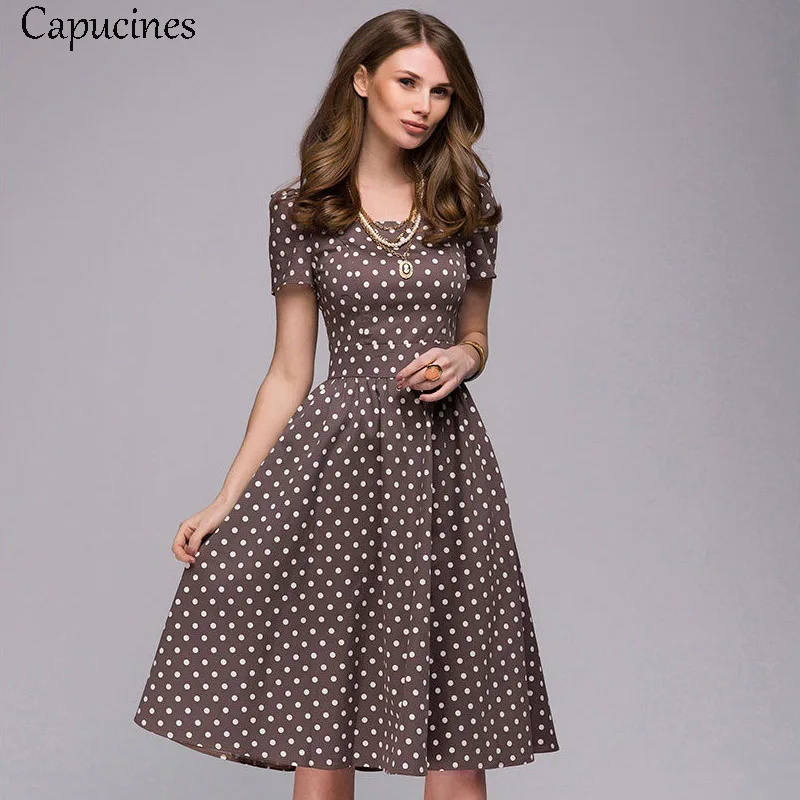 Vintage Square Collar Print Dress Women Summer Puff Sleeve Slim A-Line Elegant Party Dresses Casual Short Sleeves Female Vestido - Color: Brown