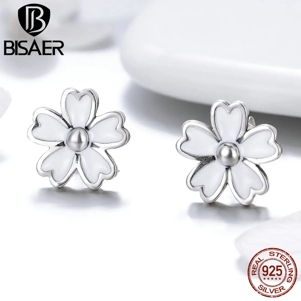 

BISAER Real 925 Sterling Silver White Orchid Daisy Flower Stud Fashion Earrings for Women Sterling Silver Jewelry 2019 ECE418