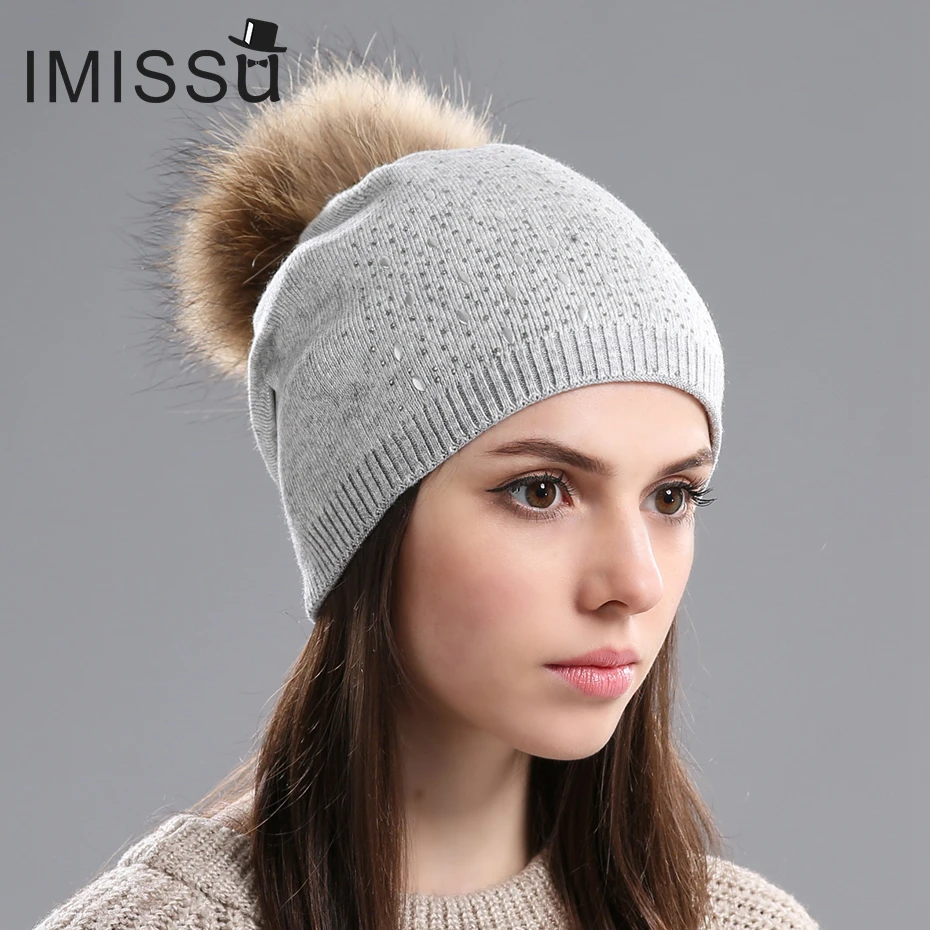 

IMISSU Women's Hats Used in Winter Knitted Wool Beanies Cap With Real Raccoon Fur Pompom Hat Thick Warm Caps for Girls
