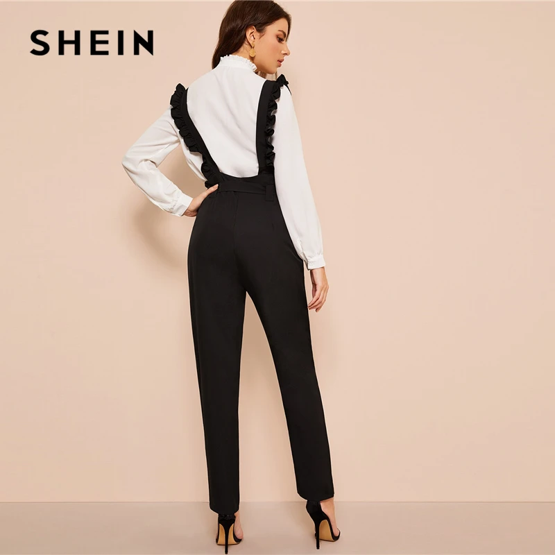 SHEIN офисные женские черные брюки с поясом и пуговицами, женские весенне-осенние однотонные Длинные прямые брюки