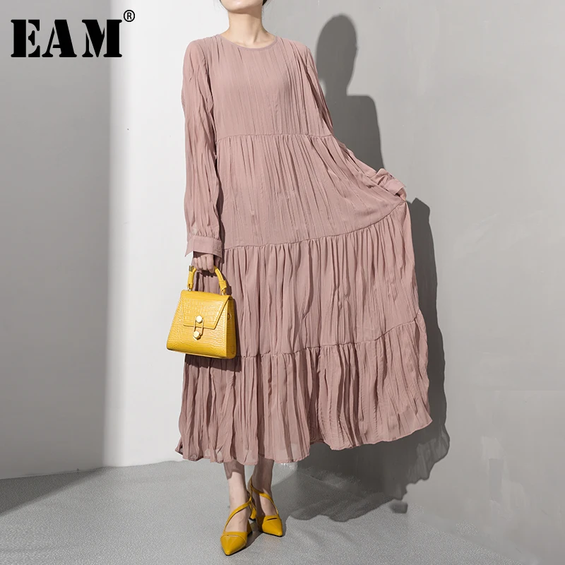

[EAM] 2019 New Autumn Winter Round Neck Long Sleeve White Loose Long Pleated Split Joint Temperament Dress Women Fashion JR1701