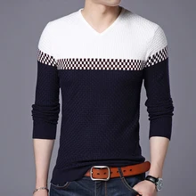 Осенне-зимние теплые вязаные свитера мужские пуловеры повседневные Лоскутные с v-образным вырезом хлопковые тонкие темно-синие свитера мужские большие размеры 4XL