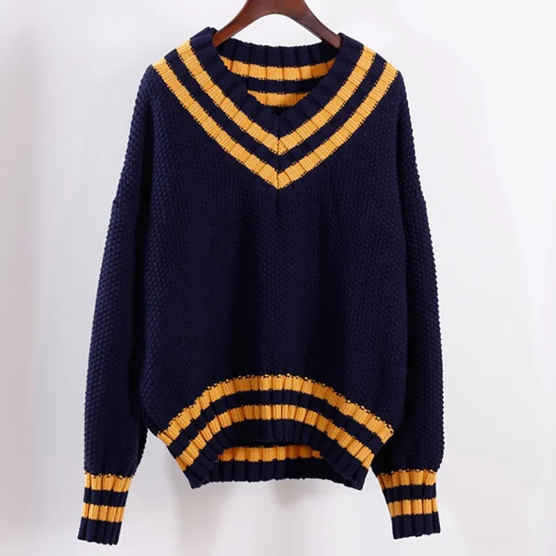 

2019 Women Autumn Winter Sweaters Casual Long Sleeve V-Neck Pullovers Female Striped Sweet Loose Sweater Warm Knitted Clothes