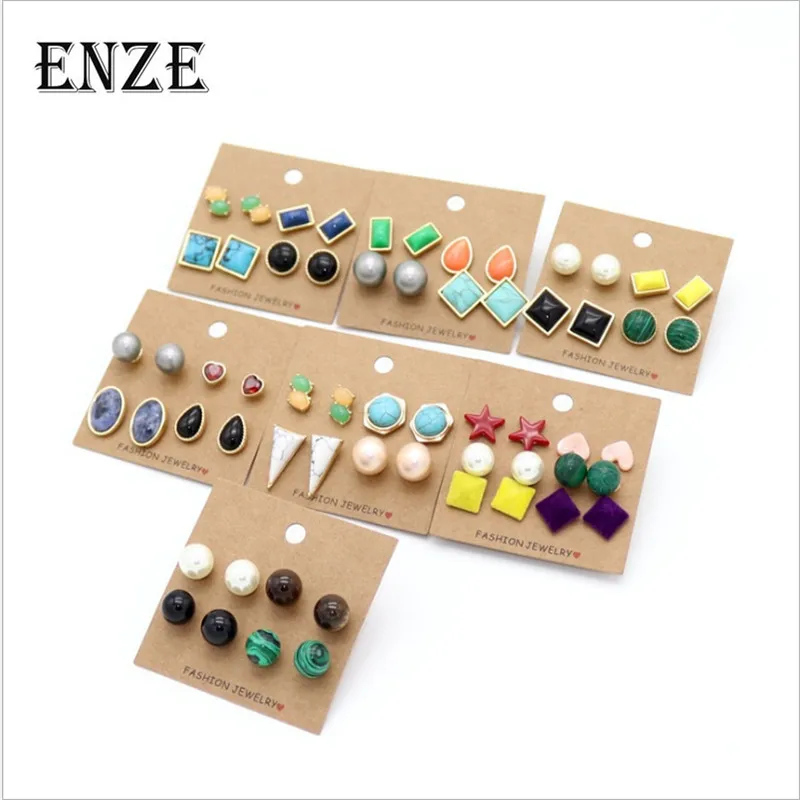 ENZE Модные женские аксессуары новые синтетические каменные цветные Комбинированные Серьги Индивидуальные Ретро аксессуары для девочек