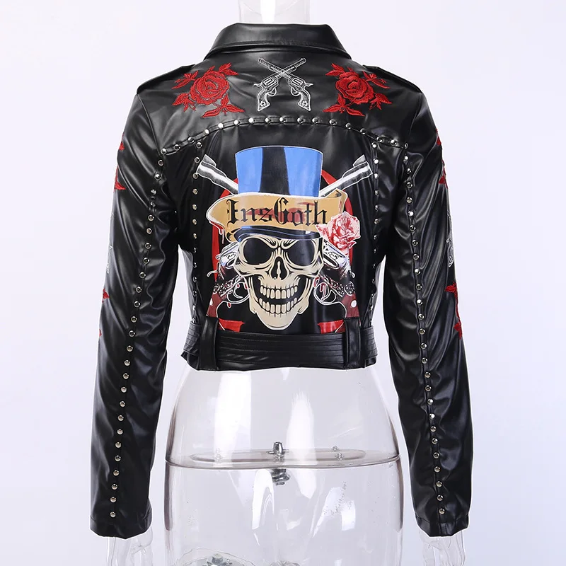 

Vintage Metallic Printing Rose Skull Embroid Rivet 3D Moto Bike Punk Rock Dark Metal Black Gothic PU leather Jacket Peter Pan