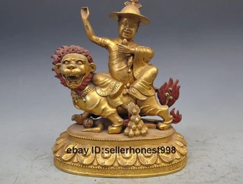 

7.5" Tibet Pure Bronze 24K Gold Buddhism Palden Lhamo on Lion Buddha statue