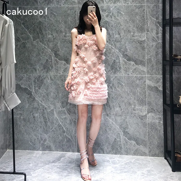 Женское Сетчатое платье Cakucool розовое облегающее комбинация на тонких бретельках