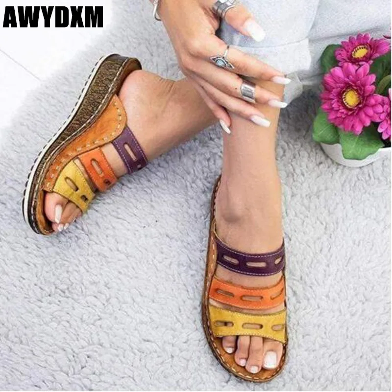 

Rome Women slipper summer open toeColor mixing Platform wedge ladies slippers fashion outdoor slip on slides woman shoes S066