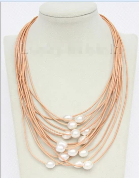 

FREE shipping> >>>17"-24" 15row white pearls khaki leather necklace j9702