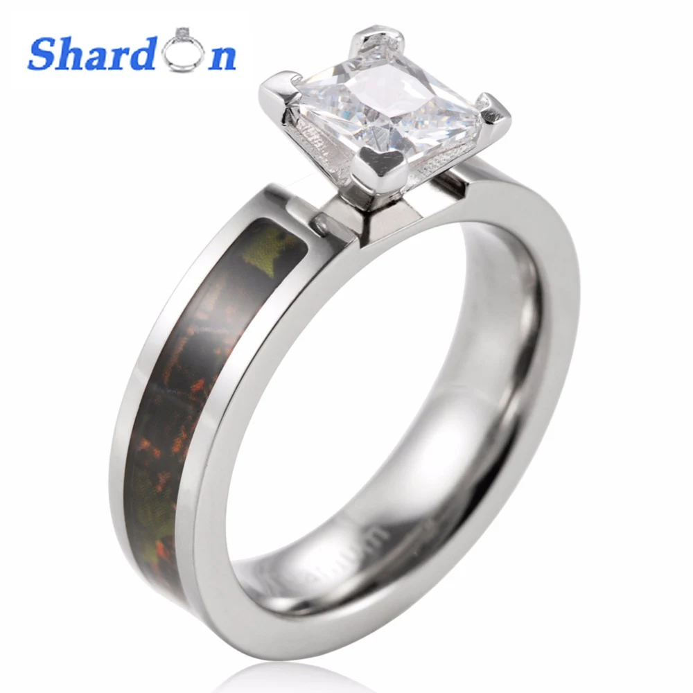 

SHARDON Real tree Green Camo Engagement Rings Titanium Real tree 4 Prong Setting Princess CZ Rings fashion rings for women