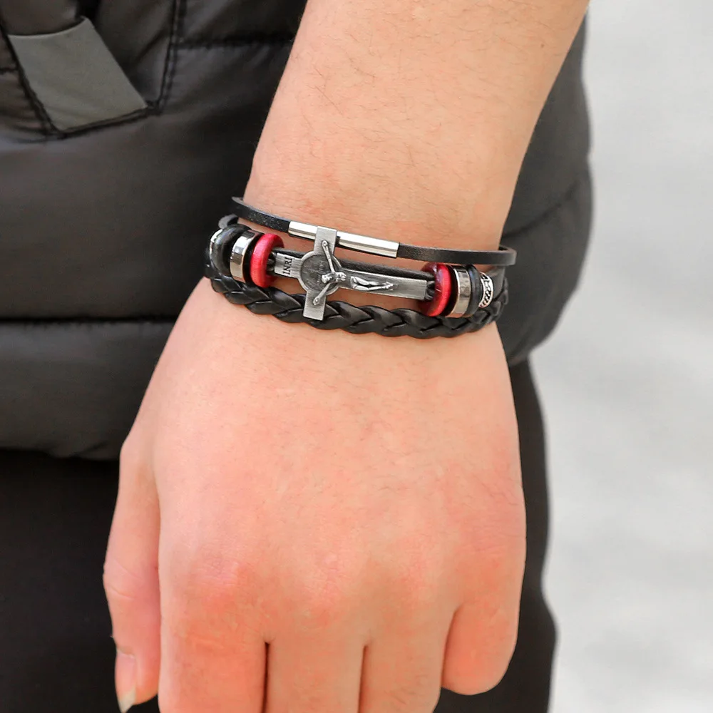 Multilayer INRI Leather Bracelets For Men and Women Leather Bracelets alloy Cross of Jesus Beaded 18163 leather bracelet