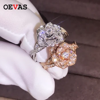 

2019 Luxurious full AAA Zircon Shiny Rose flower finger rings Cute girls party jewelry Rose gold Silver color Wedding CZ ring