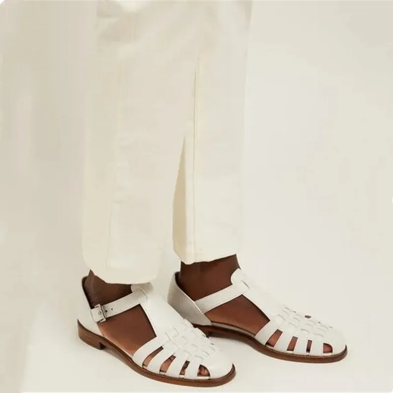 

Womens Fashion Flats Fish Mouth Beach Shoes Round head Ankle Bottom Roman Sandals genuine leather women sandals square heels 43