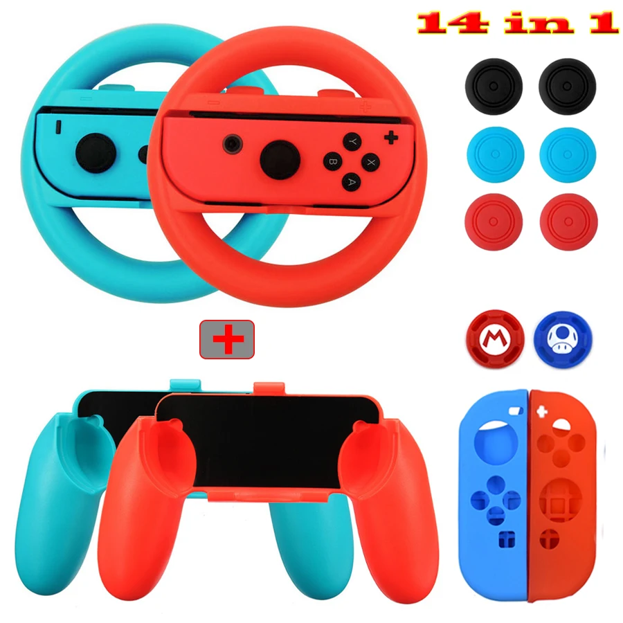 

14 in 1 Nintend Switch Accessories Kit with Steer Wheel Handle Grips Silicone Case Analog Caps for Nintendo Switch Joy-con