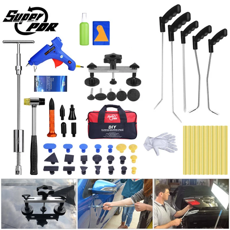 

Super PDR Tools Dent Pullers Suction Cup Glue Tabs Paintless Dent Repair Tools Auto Dent Pulling Bridge Crowbar Pry Bar Tool Set