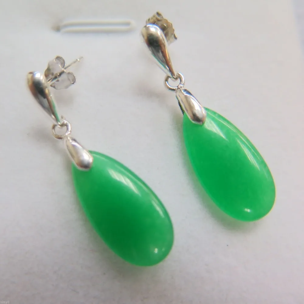 

NEW Pure S925 Sterling Silver Green jade Women Drop Dangle Earrings
