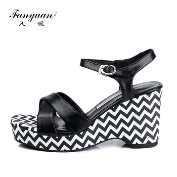 

Fanyuan Fashion Genuine Leather Buckle Ankle Strap Sandals Mature Wedges High Heels Women Shoes Elegant summer platform Shoes