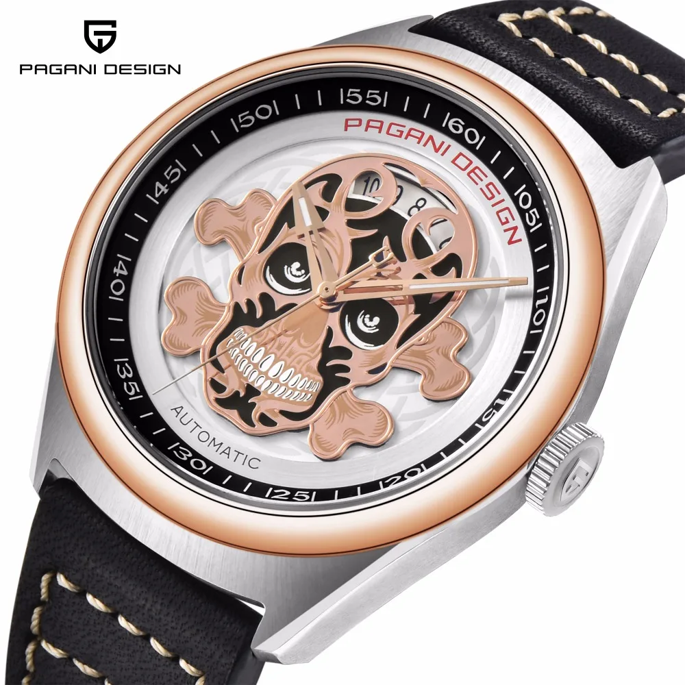 

Pagani Automatic Mechanical Watches Men Top Brand Luxury Skull Watches Male Steel Watch Leather Wrist Watch Relogio Masculino