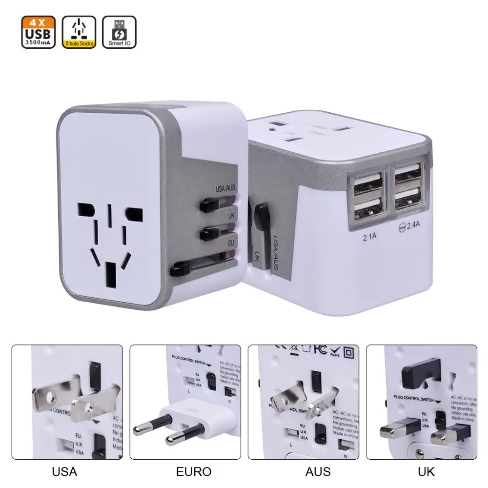 

Travel Adapter International Power Adapter for European Plug Wall AC Charger Socket Universal Sockets with 4 USB Charging Ports