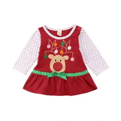 Довольно Рождество одежда для малышей Праздничное платье для девочек мультфильм олень печать Рождественская одежда длинные точки рукав