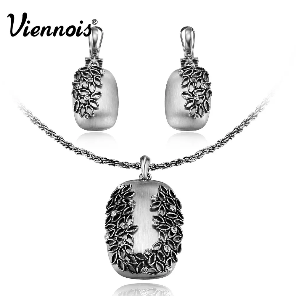 Viennois Vintage Silver Color Women Jewelry Set Rhinestone Flower Design Pendants Dangle Earrings Retro Jewelry Sets