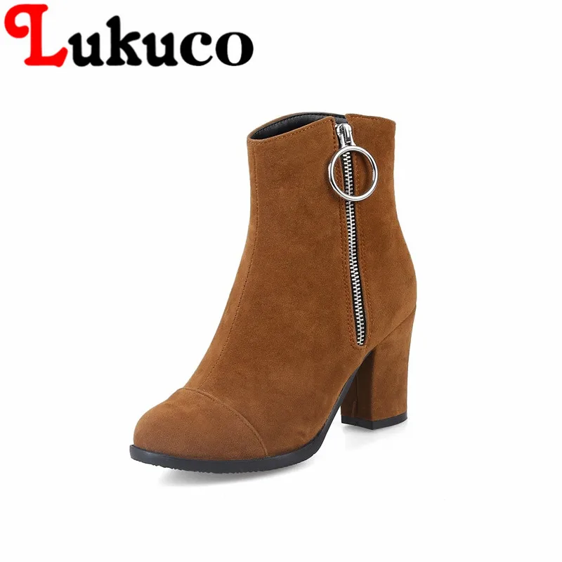 

Lukuco pure color women ankle knight boots spring/autumn high quality PU made high square heel zipper shoes
