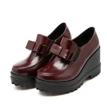 Black Punk Ladies Autumn Shoes PU Patent leather Women Pumps Bow Tie Platform Wedge High Heel
