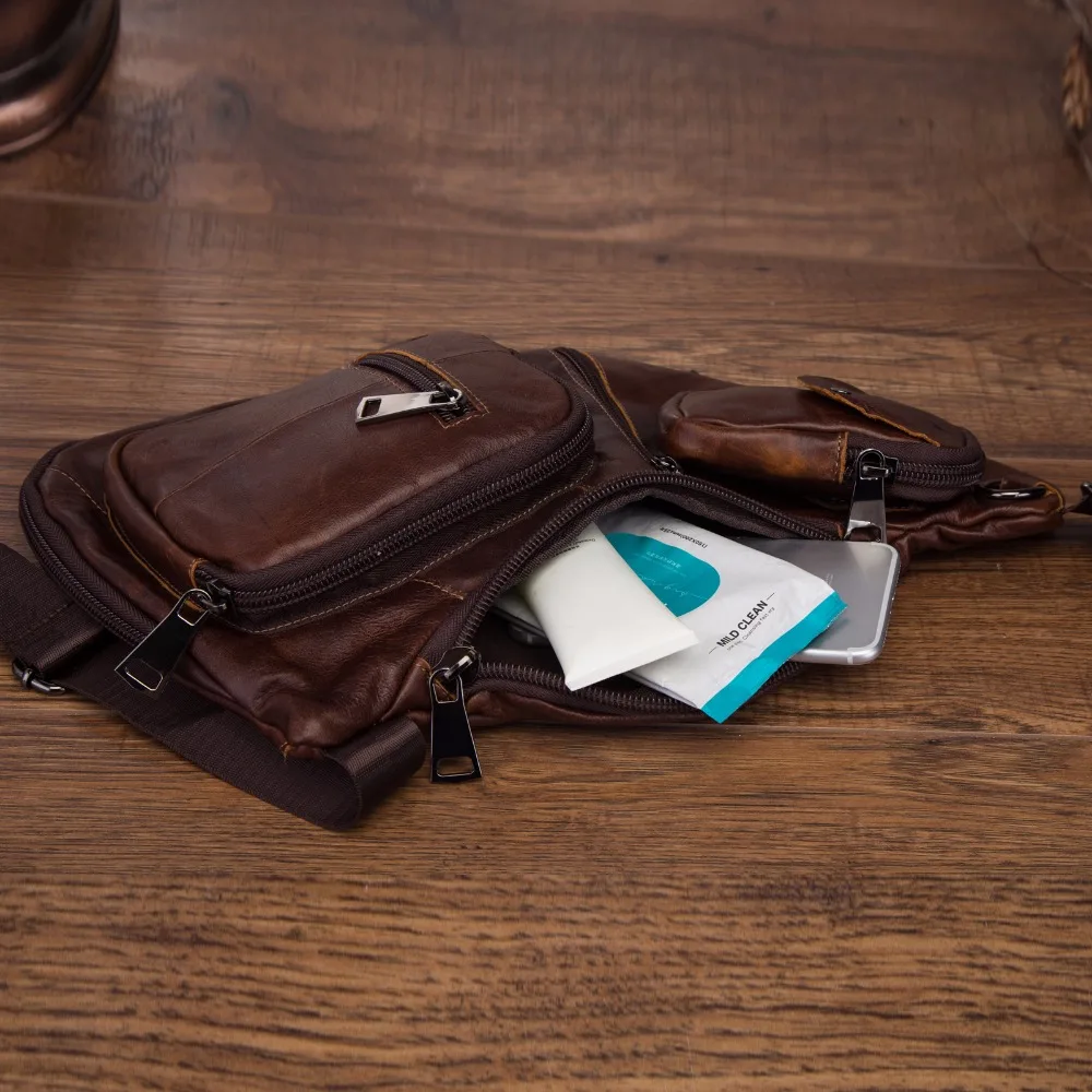Men Crazy Horse Leather Casual Fashion Triangle Chest Sling Bag Design Travel 8