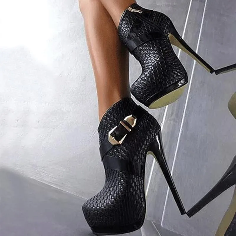 SHOFOO/обувь модная, красивая,, черный(коричневый) с узором из PU искусственной кожи 14,5 см сапоги на высоком каблуке, ботильоны. Размер: 34-45