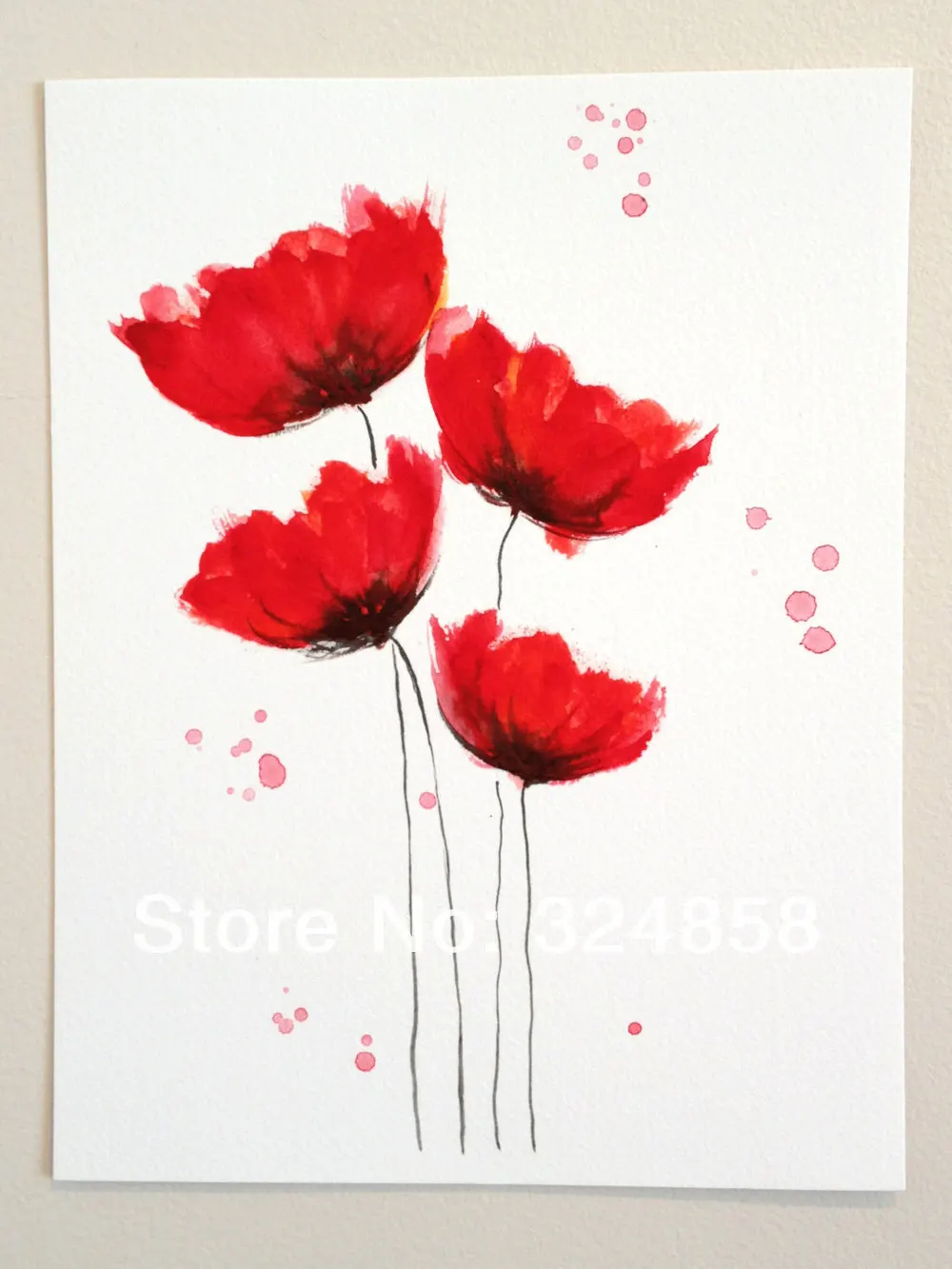 Original Watercolor Painting Poppy Cluster Red Flowers Blossom home