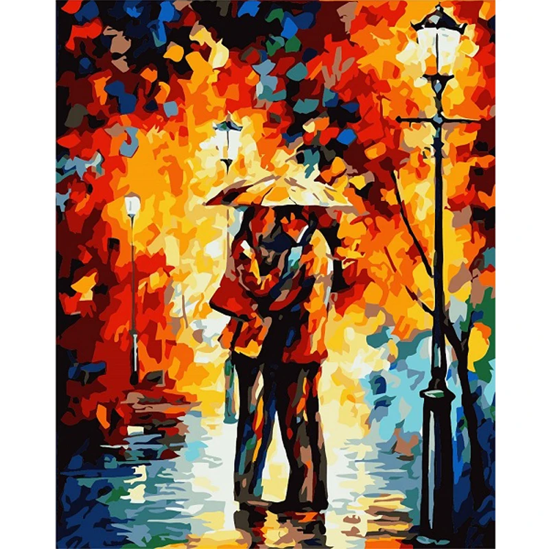 

Painting By Numbers Couple In Rainy Street Frameless Modern Style Hand Painted Acrylic Canvas Painting Home Decor