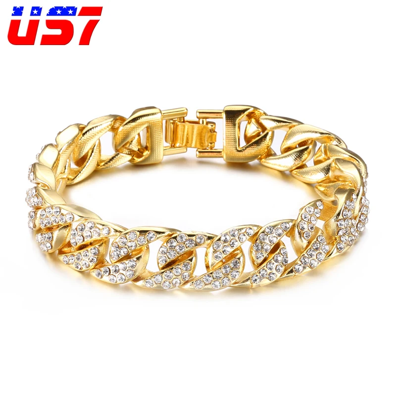 

US7 Rock Miami Curb Cuban Hip Hop Rapper Bracelets For Men Gold Crystal Iced Out Paved Rhinestones CZ Bracelet Jewelry 8-11inch