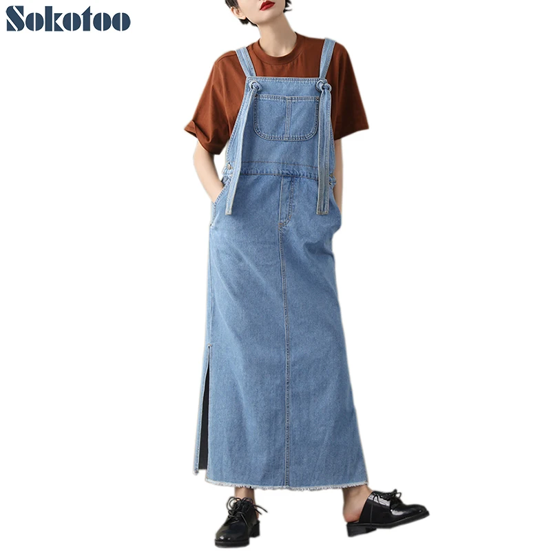 

Sokotoo Women's loose light blue denim slit overalls Casual medium long fringe dress