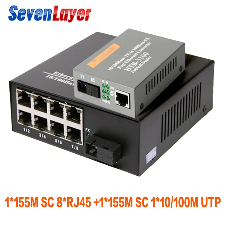 Ethernet коммутатор 8 RJ45 1 SC волоконный порт 10/100M Преобразователь волоконно