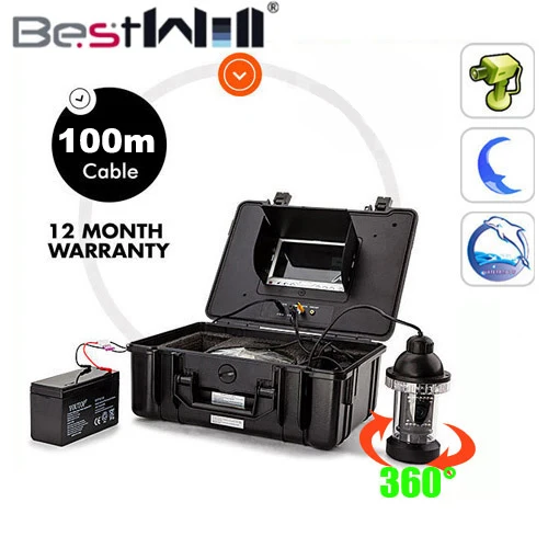 

360 DEGREE Rotation 100m Underwater video Camera,100m underwater fish camera with 7 Inch LCD moniot box battery charger