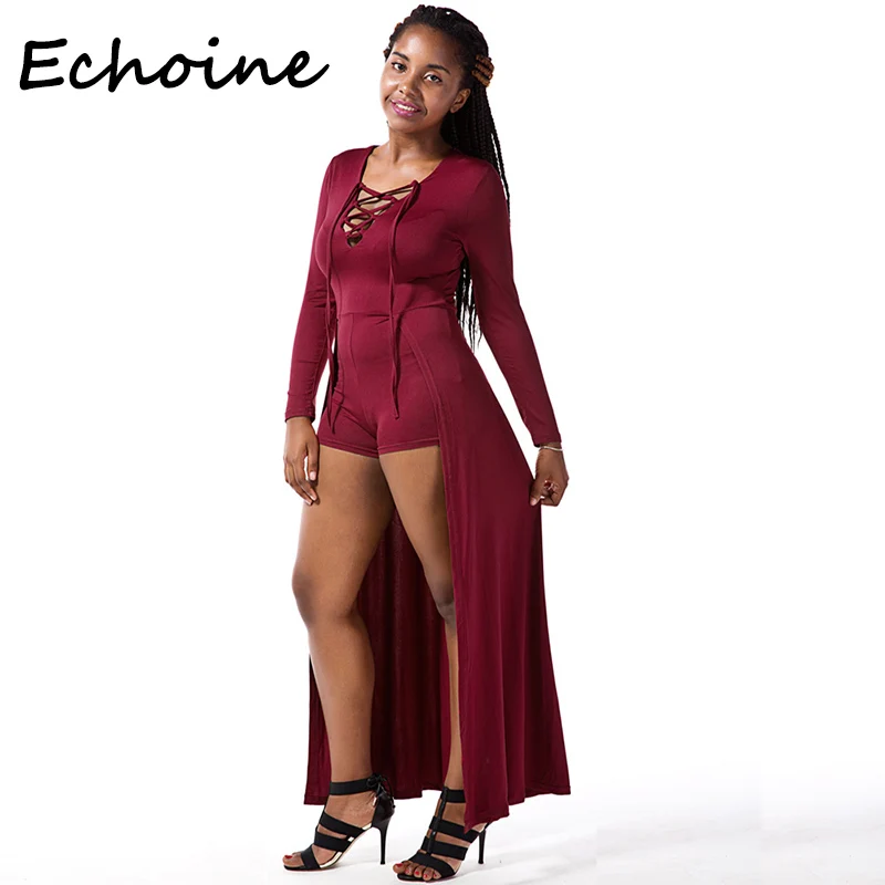 

Echoine Fashion Jumpsuit Cross Bandage Neck Long Sleeve Rompers Womens Jumpsuit Overalls Skirt Women Clothes 2019