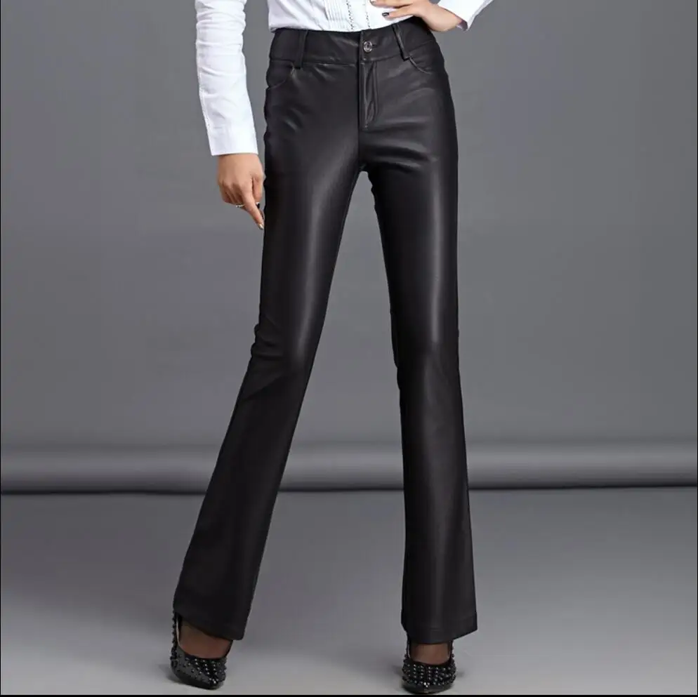 2019 autumn and winter fashion sexy PU leather pants plus velvet straight pants leather boot cut pants women's long trousers