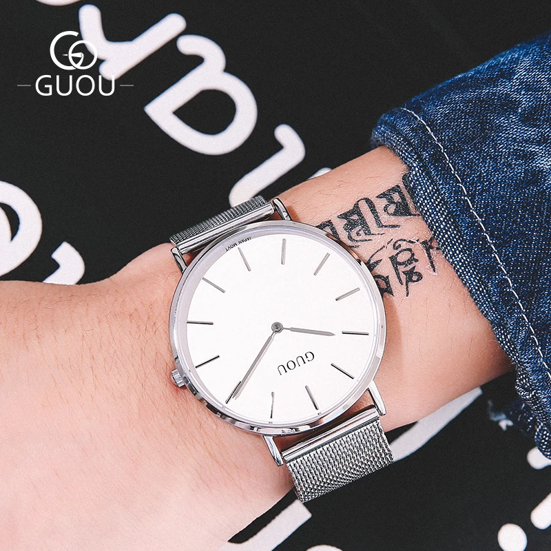 

GUOU Big Face Dial Men Quartz Watches Mesh Steel Strap Gold Plated Simple Waterproof Ultra Thin 8mm Black Male Wristwatch 6003GD