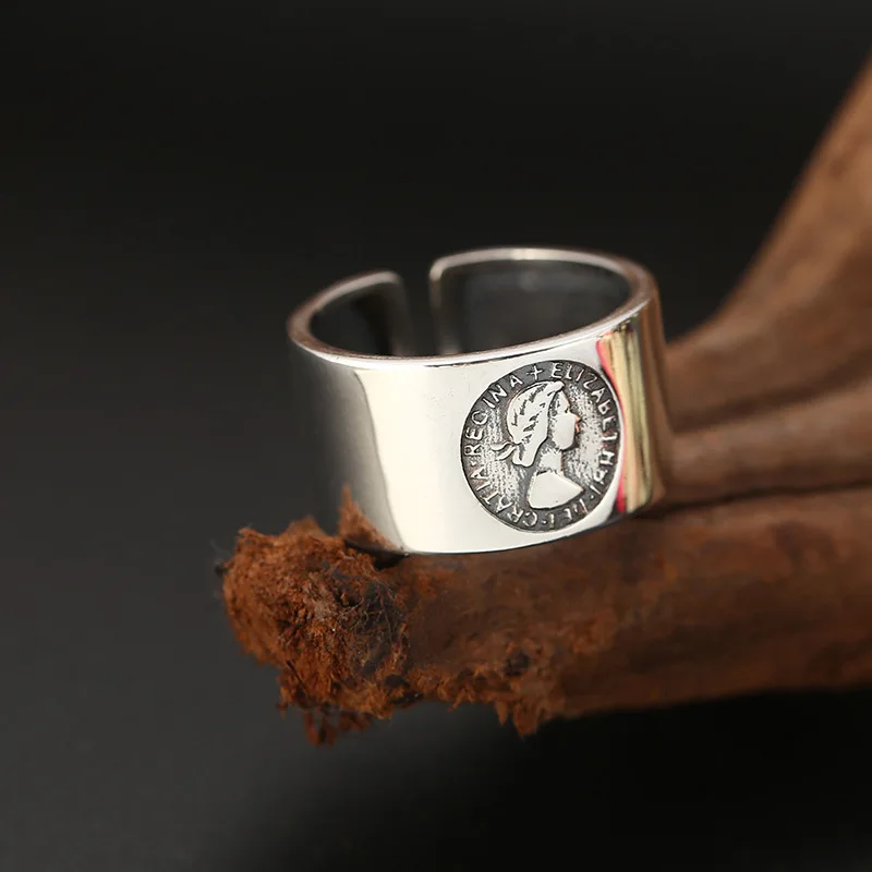 

925 Sterling Silver Rings Open Queen Portrait Wide Face Vintage Silver Exaggerated Big Rings For Women Elegant Woman Accesories