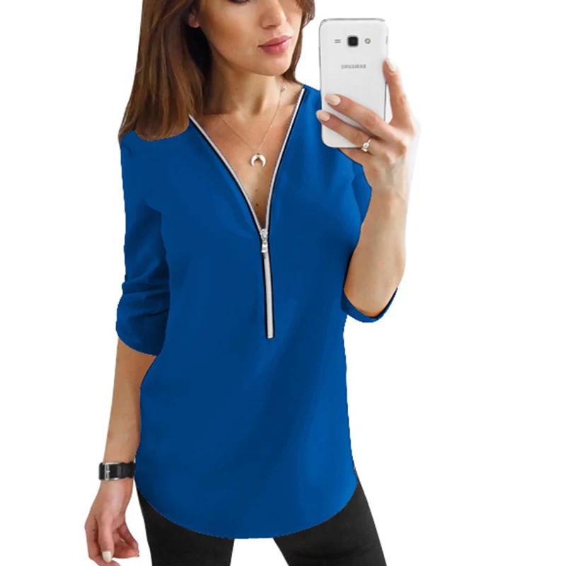 5XL размера плюс на молнии с коротким рукавом женские сексуальные блузки V образным вырезом Твердые Женские топы и блузки повседневные футболки Топы женские - Цвет: Royal Blue