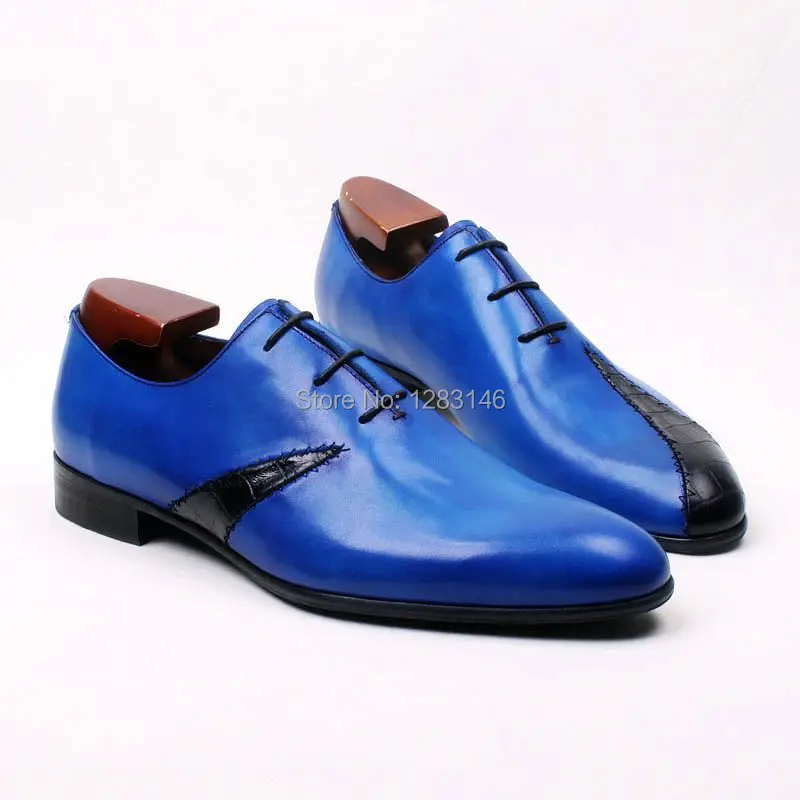 

Free Shipping  Handmade Genuine Leather Upper/outsole/Insole Blue Color match Black  Round  toe Patching Men's Shoe No.ox577