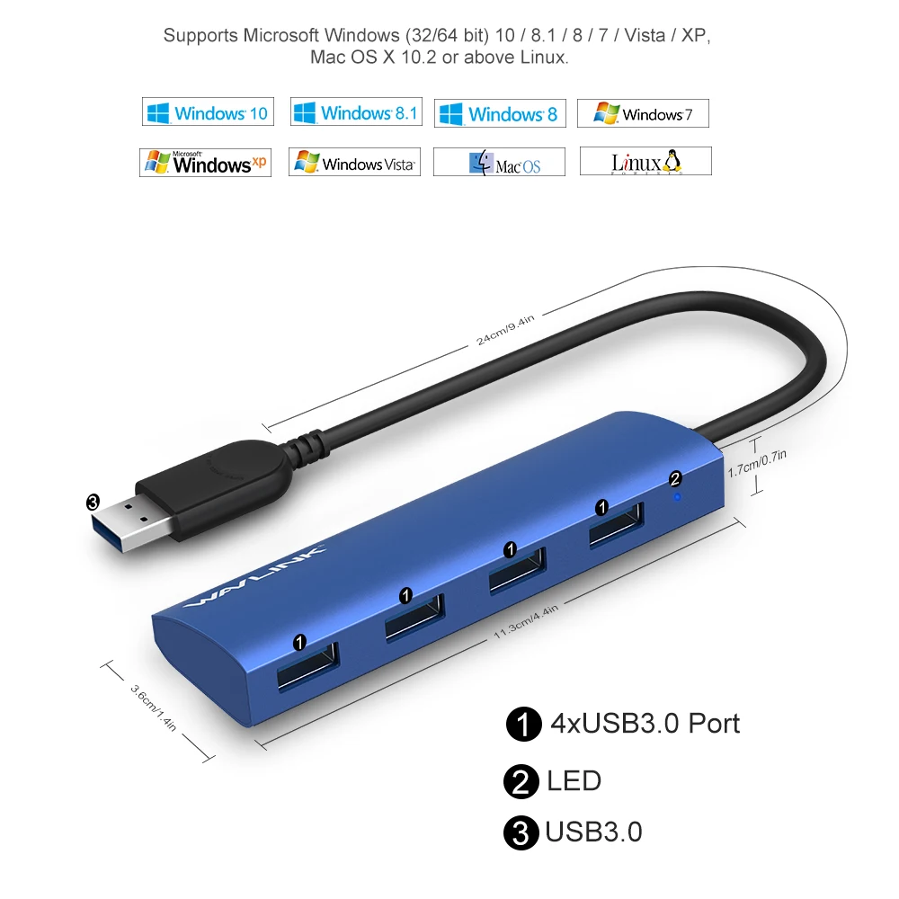 Wavlink usb-хаб 3,0 4 порта алюминиевый сплав высокая скорость 5 Гбит/с Мульти USB 3,0 концентратор разветвитель адаптер для ноутбука macbook компьютер