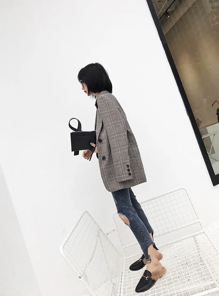 new fashion female plaid blazer suit coat gray vintage