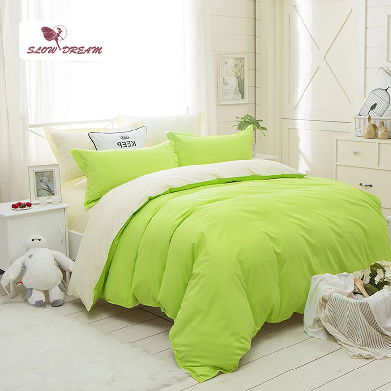 SlowDream Green And Yellow Solid Color Bedding Set Plain Double Duvet