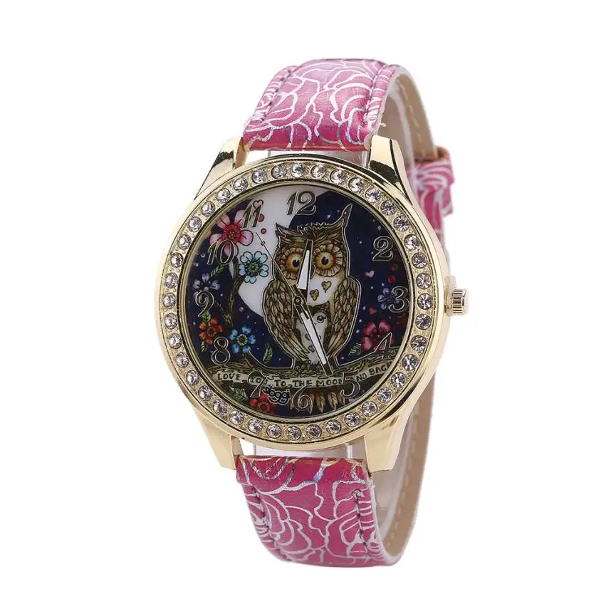 Vintage Owl Cartoon Wrist Watches Women Luxury Diamond Dial Quartz Watch Mens Sports Clock Ladies Leather Casual Watches#Zer - Цвет: Hot Pink