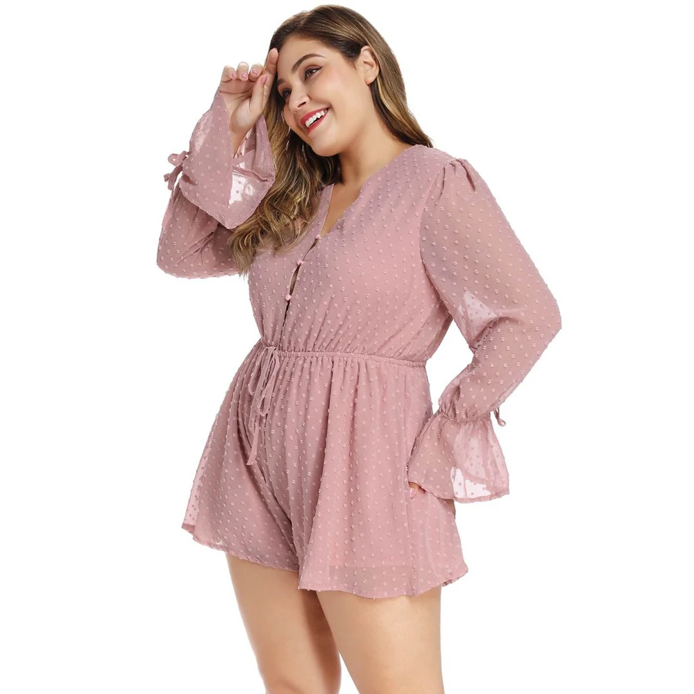 Plus Size XL-4XL Polka Dot Flare Long Sleeve Bohemian Playsuit Pink White Summer OverallsFor Women Lace Up Short Jumpsuit Romper Plus Size XL-4XL Polka Dot Flare Long Sleeve Bohemian Playsuit Pink White Summer OverallsFor Women Lace Up Short Jumpsuit Romper